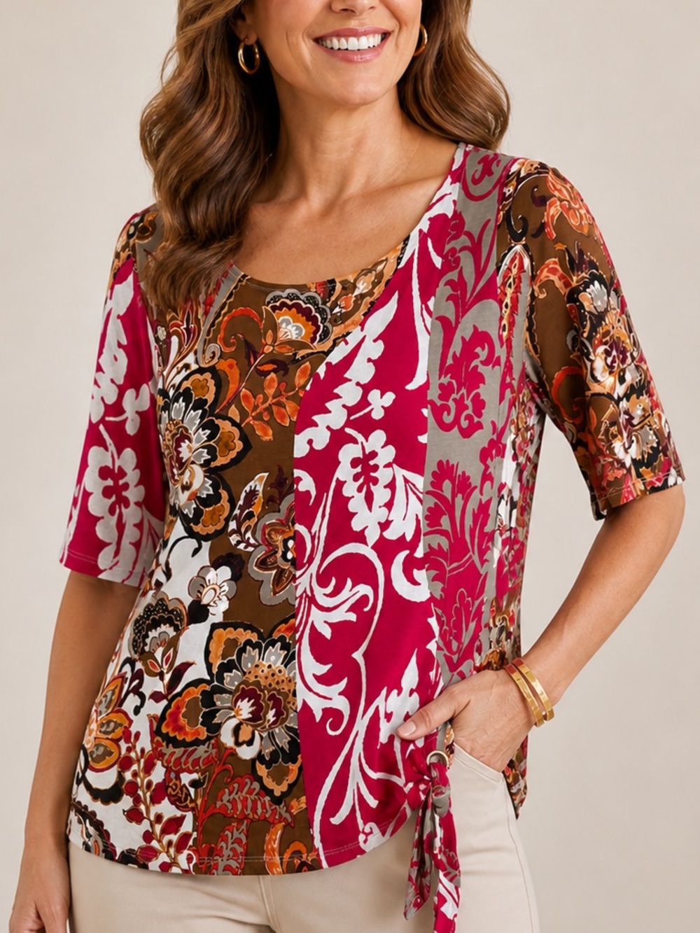 Chico’s Size 1 Pink Brown Paisley Floral Tie Side Top 3/4 Sleeve Artsy Resort